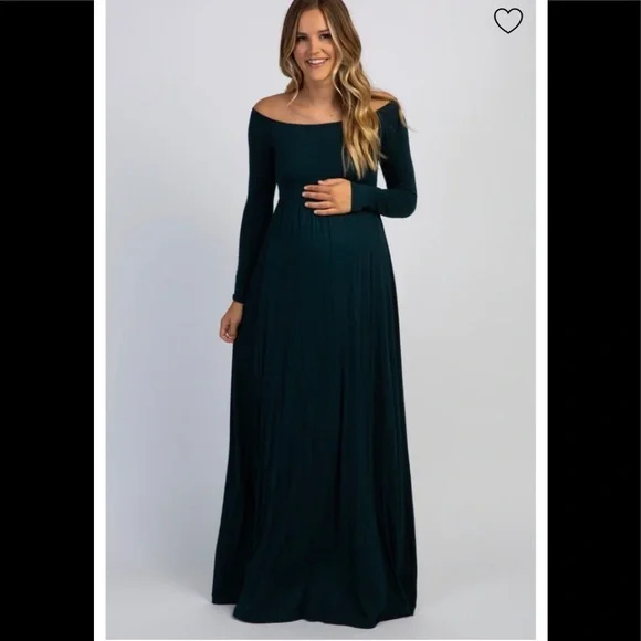 PinkBlush Forest Green Solid Off Shoulder Maternity Maxi Dress